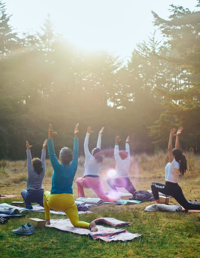 eine Gruppe von Frauen macht eine Yoga-Übung in der Natur